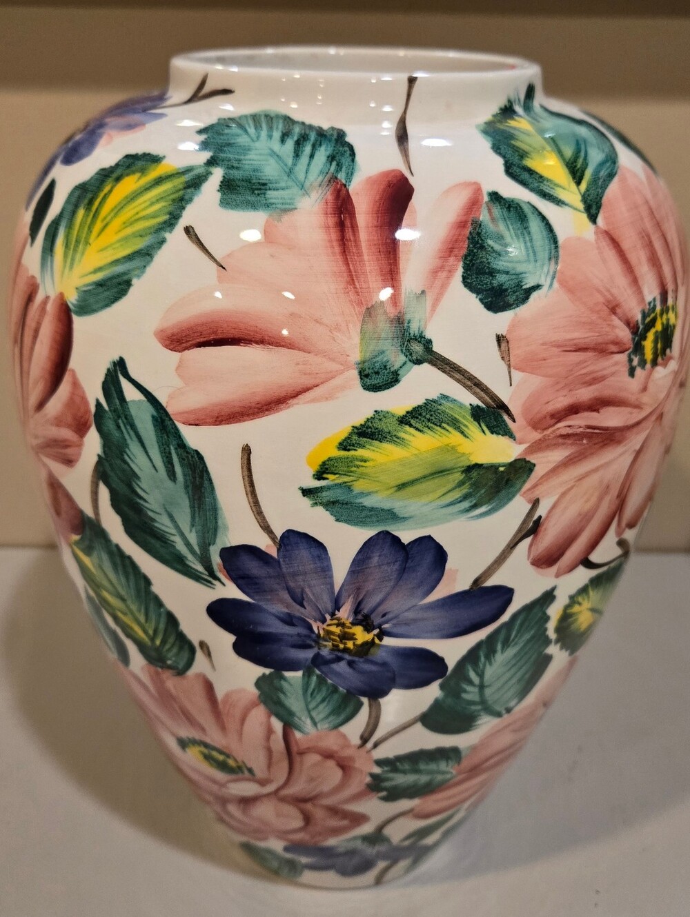 Hand-Painted Italian Floral Ceramic Vase in White, Pink, Blue & Green